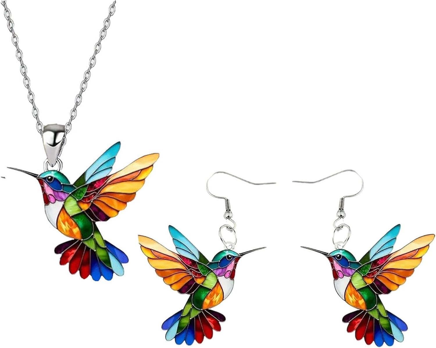 Colorful hummingbird jewelry set including necklace and earrings